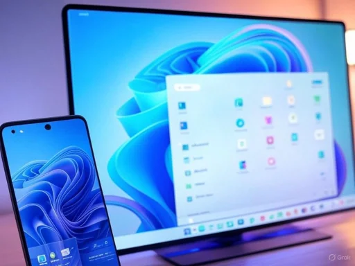 A smartphone and a large monitor display the Windows 11 interface in a well-lit workspace. A smartphone and a large monitor display the Windows 11 interface in a well-lit workspace.