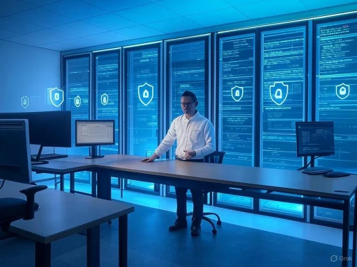 A man in a white shirt stands in a secure data center with server racks and digital security icons on the screens.