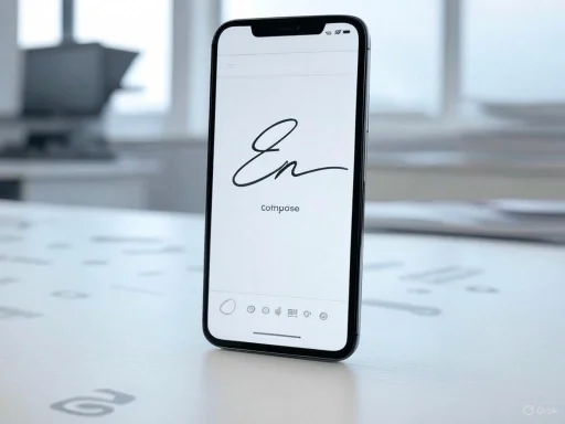 A smartphone displays a handwritten signature 'En' on a white screen with 'Compose' text below.