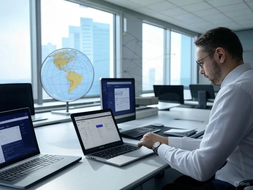 A man working on multiple laptops at a modern office with large windows and a globe in the background.