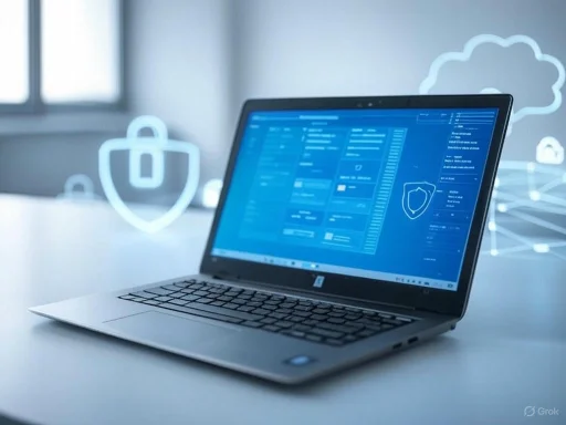 A laptop displaying a cybersecurity dashboard with cloud and shield icons, suggesting data protection and security. A laptop displaying a cybersecurity dashboard with cloud and shield icons, suggesting data protection and security.