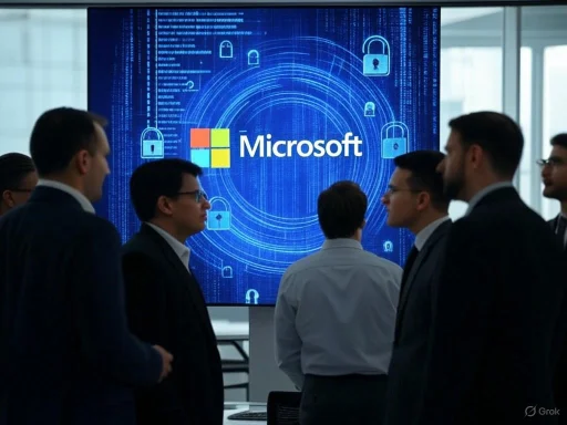 Business professionals gather in front of a screen displaying Microsoft logo and digital security graphics in a corporate setting. Business professionals gather in front of a screen displaying Microsoft logo and digital security graphics in a corporate setting.