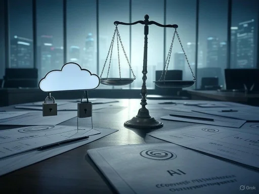 A balance scale weighs a cloud with locks against documents, symbolizing data security and cloud computing.