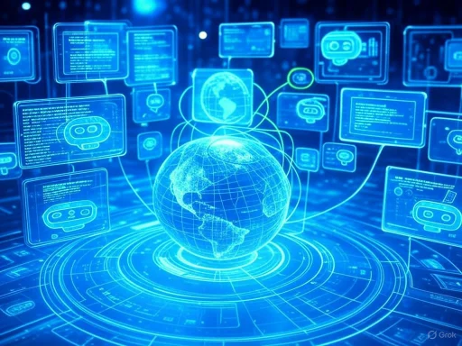 Digital globe surrounded by interconnected data and chat interfaces, symbolizing global digital communication and AI technology. Digital globe surrounded by interconnected data and chat interfaces, symbolizing global digital communication and AI technology.