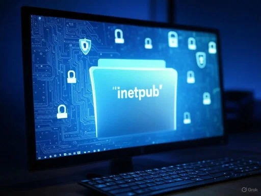 A computer screen displays a folder labeled 'inetpub' with security lock icons, indicating encryption or security measures.