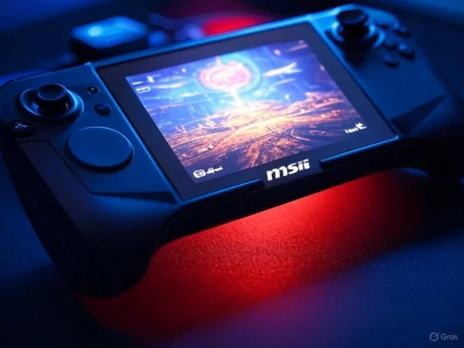 A handheld gaming console with a colorful, futuristic sci-fi scene on the screen, branded MSI, with glowing red and blue lighting.