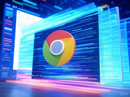 A digital illustration of the Google Chrome logo surrounded by dynamic, colorful lines on a computer screen.