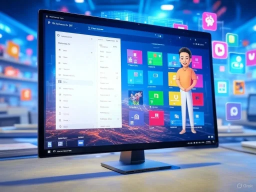 A computer screen displays a colorful digital interface with a cartoon woman standing next to it.