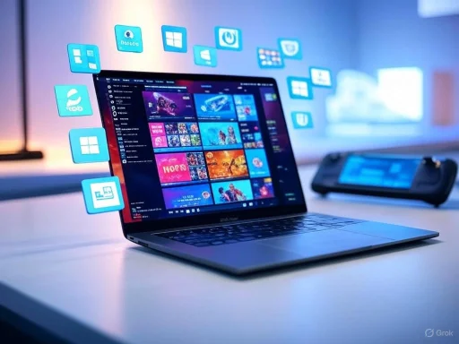 A laptop displaying a streaming app, surrounded by floating app icons on a bright, modern workspace.