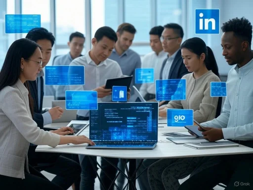A diverse group of professionals collaborates around a table with digital data holograms and laptops in a modern office.