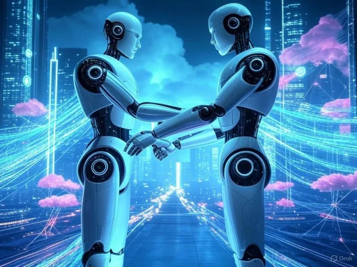Two humanoid robots shaking hands in a futuristic, digital cityscape with neon lights and clouds.