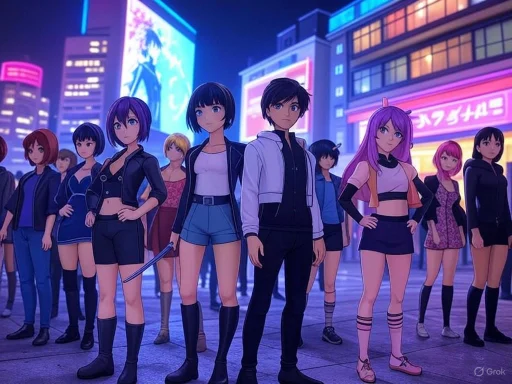 Stylish anime characters gather in a vibrant urban night scene with neon lights and tall buildings.