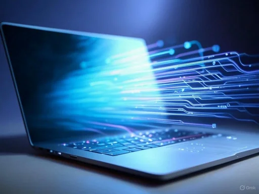 A modern laptop with glowing digital lines emerging from the screen, symbolizing data transfer or technology.