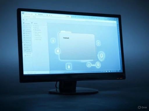 The screen displays a digital folder management interface with security icons on a computer monitor.
