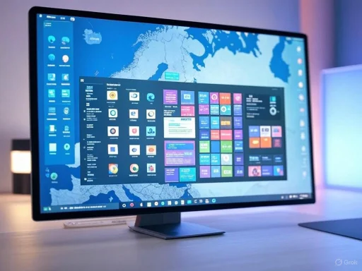 A sleek computer monitor displays a world map and colorful application icons on a minimalistic desk setup.