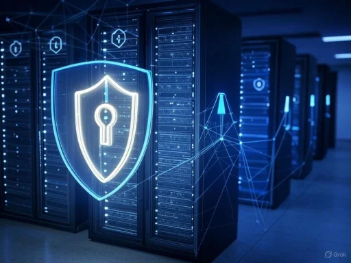 Data security servers with digital shield icon and lock symbol, emphasizing cybersecurity protection.