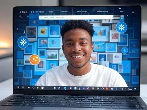 A smiling young man appears on a laptop screen with a digital collage background of blue-themed photos and icons.