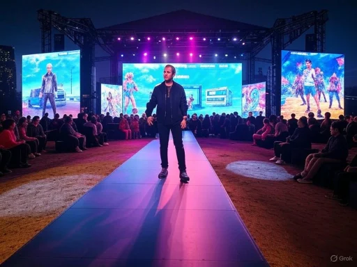 A fashion show takes place outdoors at night, with a model walking down the runway and digital screens displaying colorful visuals.