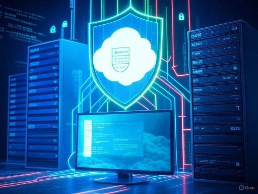 Cybersecurity concept with cloud storage, server racks, and digital shield icon.