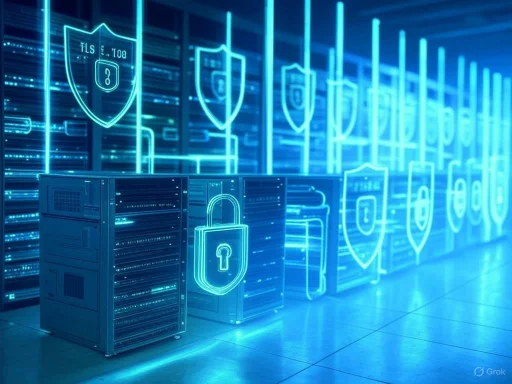 Data servers with holographic security shield icons representing cybersecurity in a futuristic data center.
