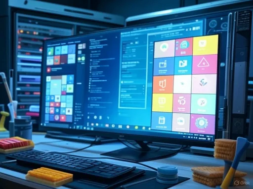 A computer workstation with dual monitors displaying software interfaces, surrounded by cleaning sponges and cleaning tools.