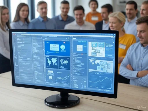 A group of professionals attentively listening to a presentation, with data visualizations displayed on a monitor in the foreground.