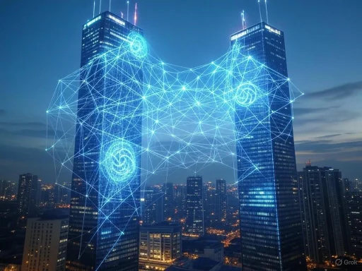 Overlay of digital neural network lines connecting two skyscrapers in a cityscape at dusk. Overlay of digital neural network lines connecting two skyscrapers in a cityscape at dusk.