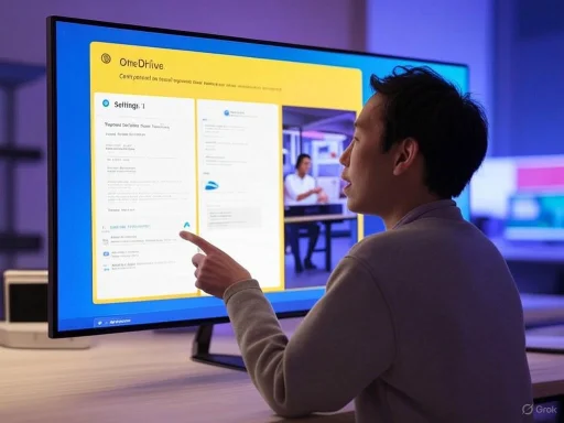 A person interacts with a large digital display showing a document titled 'OmeDrive' in a modern office environment.