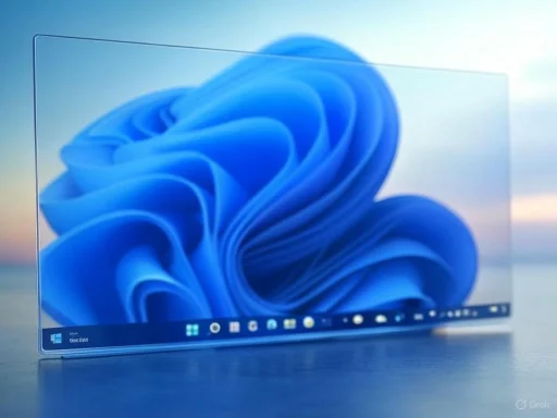 A transparent, edge-to-edge display screen showing a blue abstract swirl on a blurred outdoor background.