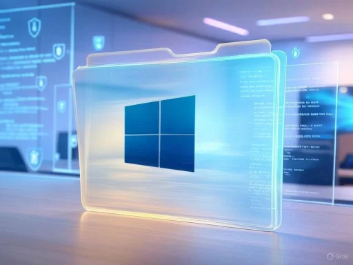 A futuristic digital interface displays the Windows logo with holographic screens and information in a high-tech setting.