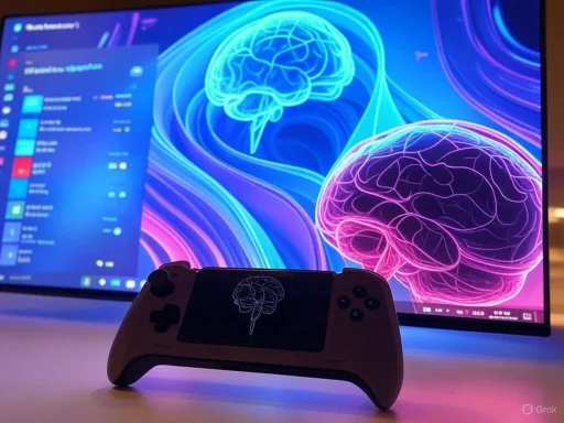 A gaming console with a brain-themed screen, displaying neon brains in front of a colorful, digital background. A gaming console with a brain-themed screen, displaying neon brains in front of a colorful, digital background.