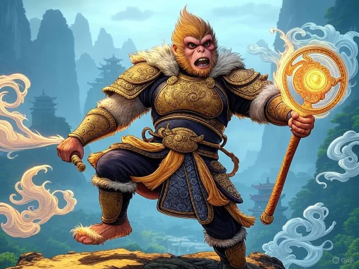A fierce, armored monkey warrior holding a fiery staff, set against misty mountain and temple scenery.