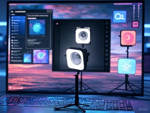 Studio lighting setup with two softboxes in front of a computer monitor displaying software interface and graphics.