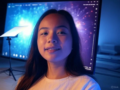 A woman takes a selfie in front of a large monitor displaying colorful digital graphics, with studio lighting in the background. A woman takes a selfie in front of a large monitor displaying colorful digital graphics, with studio lighting in the background.