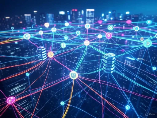 Digital network connections with data nodes and city skyline in the background.