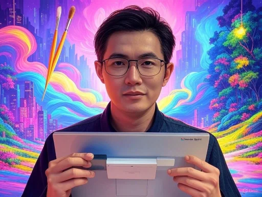 A person holding a device with a vibrant, colorful digital artwork background featuring cityscapes, trees, and swirling clouds.