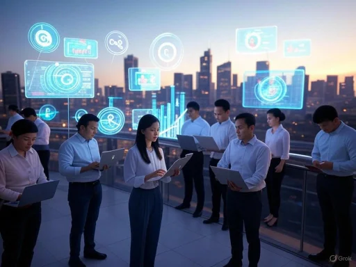 A group of professionals analyzing digital data on tablets with a city skyline and futuristic holographic interfaces in the background.