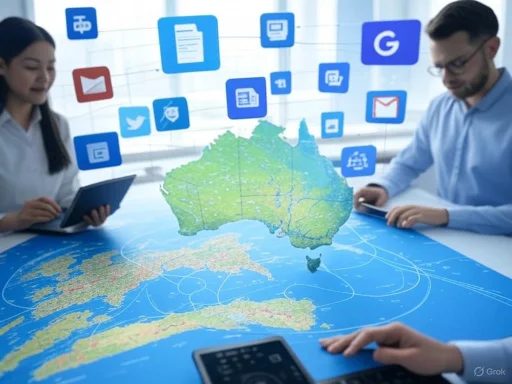 People using devices around a digital map of Australia with floating social media and app icons.