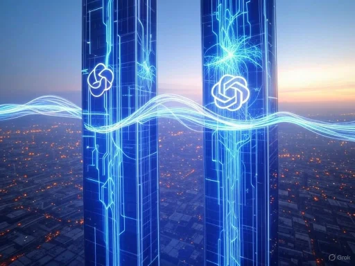Futuristic digital towers with glowing network symbols and lightning-like connections above a city skyline.
