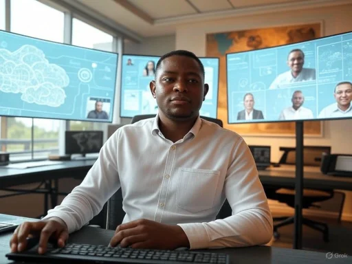 A man works at a desk with multiple screens displaying virtual meeting participants in a modern office.