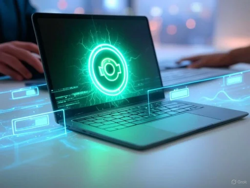 A laptop displays a holographic security icon, with floating digital data and graphics suggesting cybersecurity or hacking.