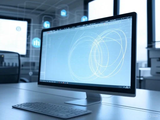 A computer monitor displays complex interconnected lines on a digital graph, with digital icons floating in the background.