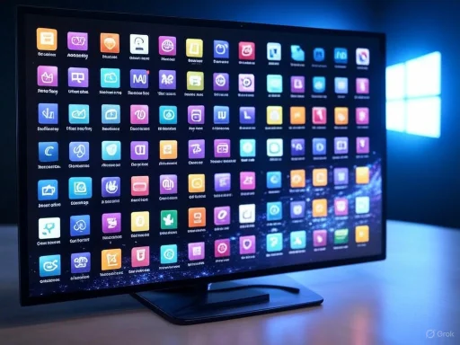 A computer monitor displays a colorful grid of app icons against a dark background with a bright window in the distance. A computer monitor displays a colorful grid of app icons against a dark background with a bright window in the distance.
