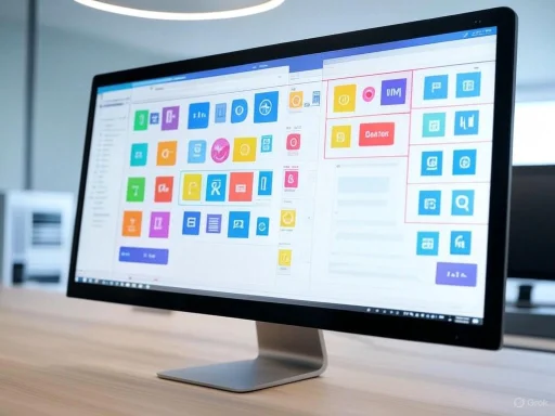 A computer monitor displays a colorful, organized digital workspace or project management interface with icons and task cards.