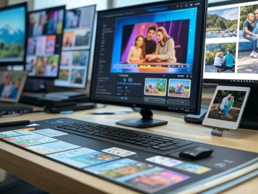 Multiple monitors displaying photo editing software and various photographs in a creative workspace.