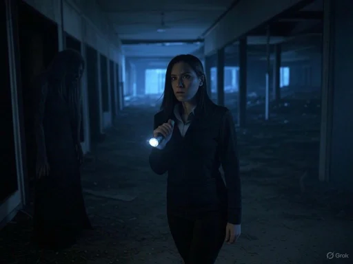 A woman holding a flashlight explores a dark, abandoned corridor with debris and a moaning figure in background.