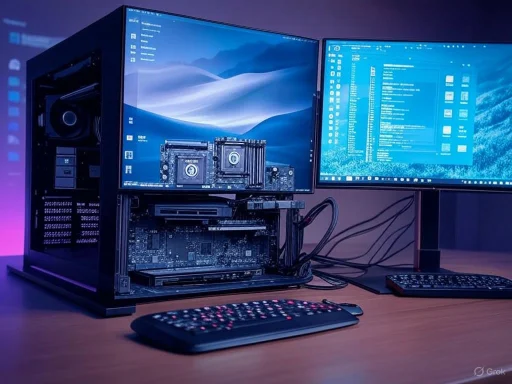 Open computer case with dual monitors, keyboard, and mouse, set in a dimly lit workspace.
