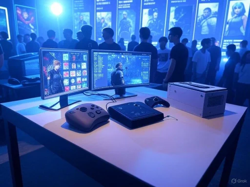 A gaming setup with dual monitors and consoles at a tech event, with people and digital displays in the background.