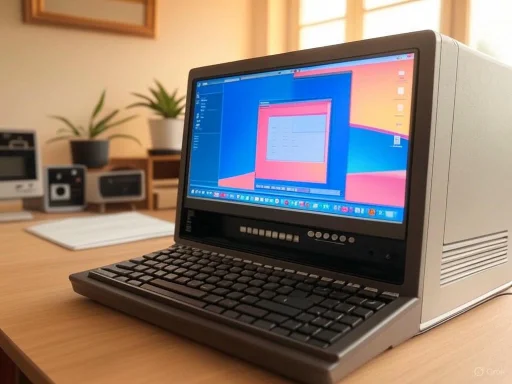 A vintage computer with a CRT monitor and keyboard on a wooden desk, displaying a colorful digital workspace.