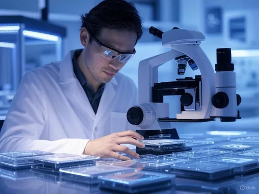 A scientist examines samples under a microscope in a high-tech laboratory setting.